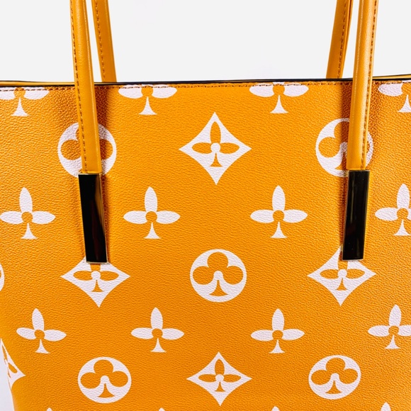 Trendy orange/white monogram pattern tote shoulder crossbody bag/wallet set gold - Picture 6 of 14